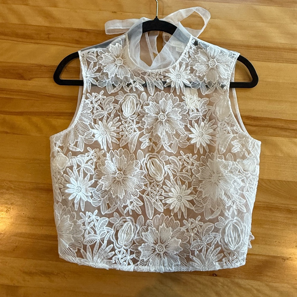Anthropologie Sheer White Floral Lace mock neck top size xs